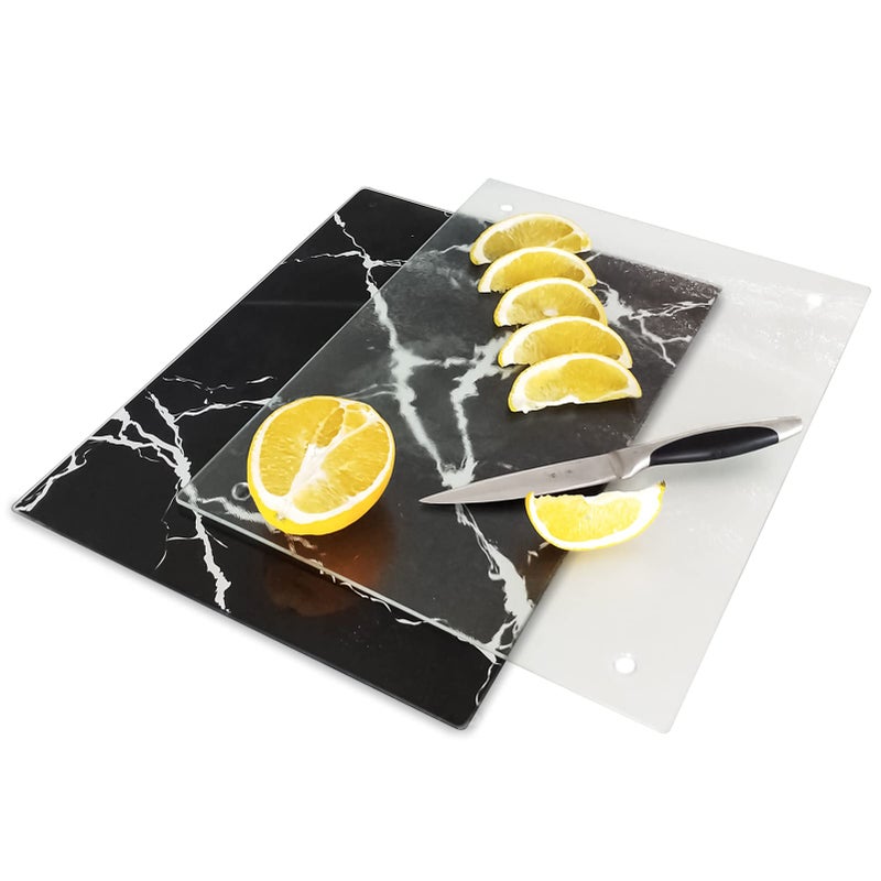 VASUHOME Tempered Glass Cutting Board Set of 2-16x12 inch Marble Pattern Cutting Board for Kitchen Counter - Scratch, Heat, Shatter Resistant and Easy to Clean- Black and Clear - Image 1